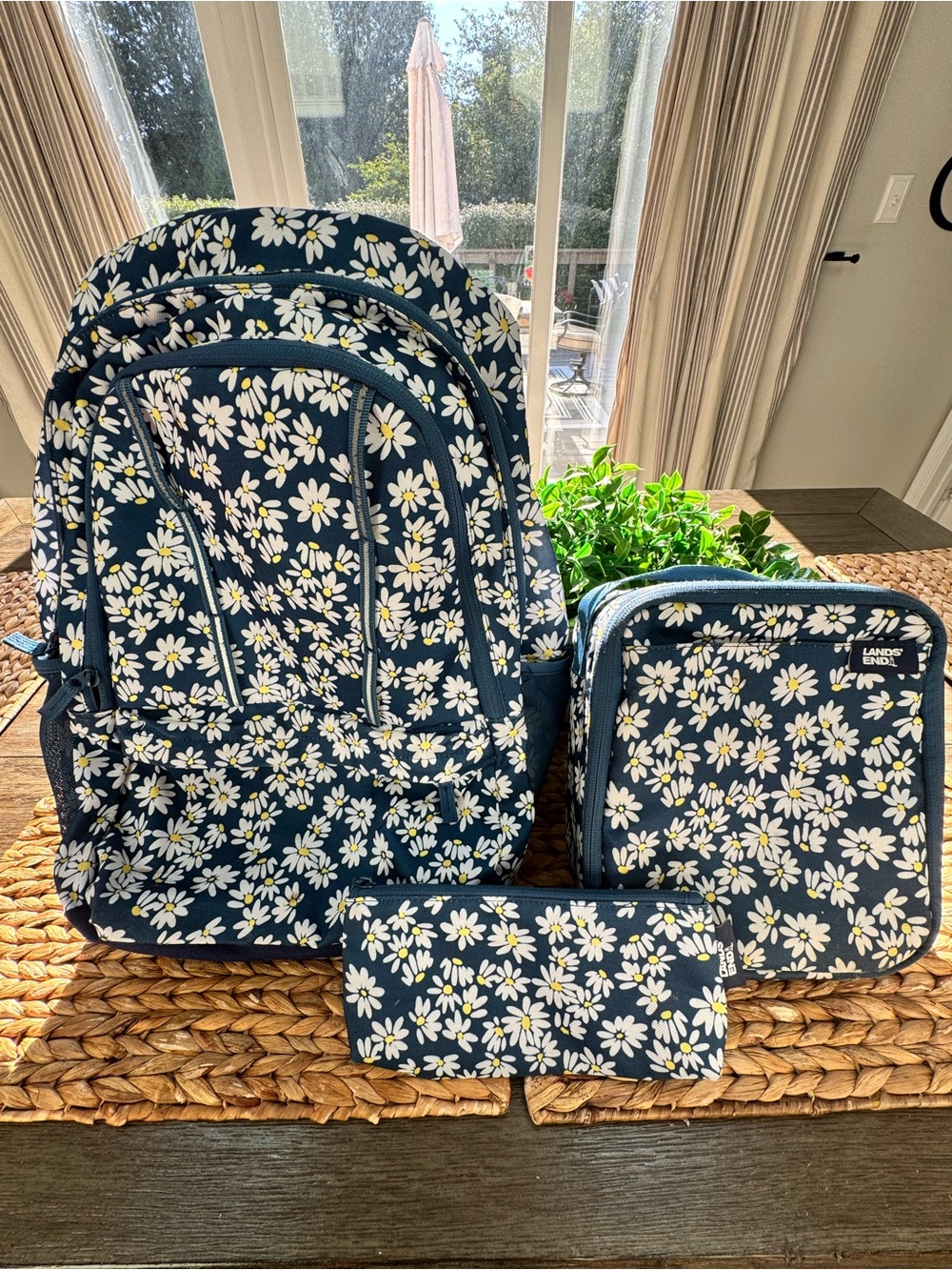 Lands' End Navy Daisy Backpack Set -Backpack, lunch box, pencil case